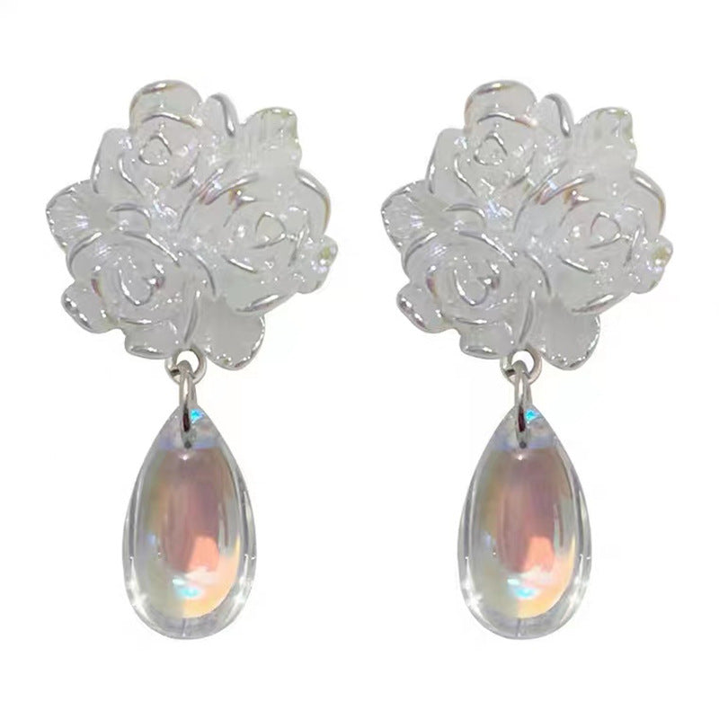 S925 silver needle flower transparent water drop earrings
