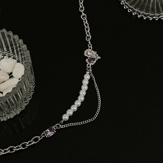 Purple white rhinestone pearl love heart necklace