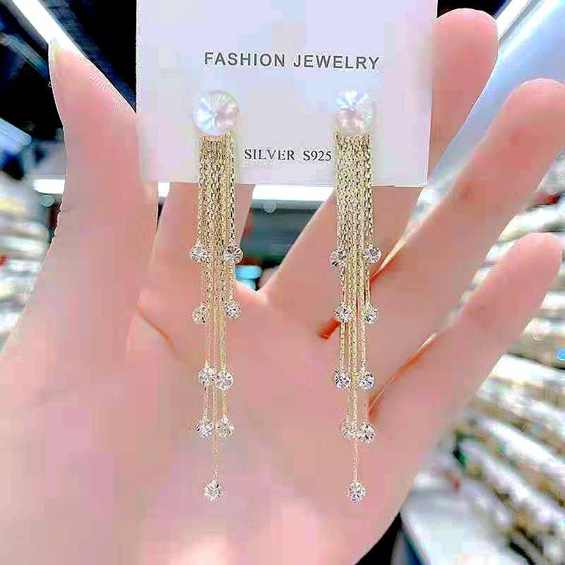 Bowknot geometric tassel long pearl rhinestone earrings