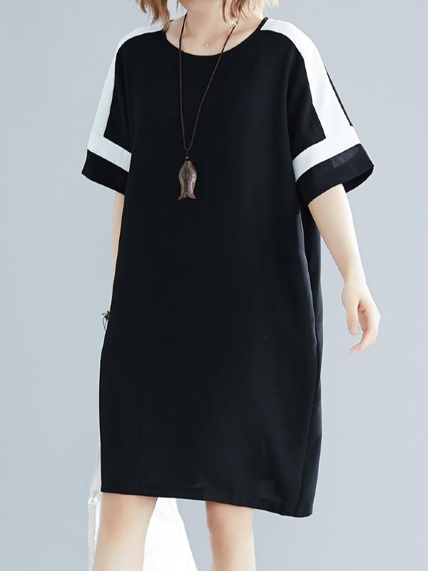Plus Size Loose Chiffon Contrast Color Midi Dress
