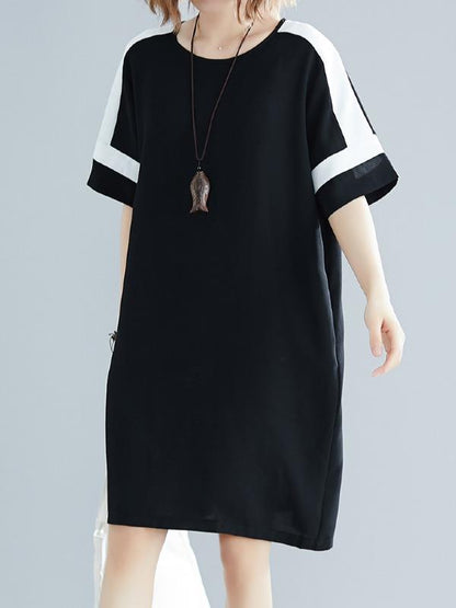 Plus Size Loose Chiffon Contrast Color Midi Dress
