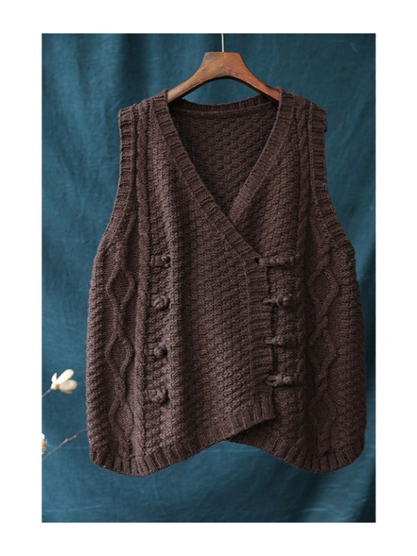 Vintage Loose Button Cropped V-Neck Vest