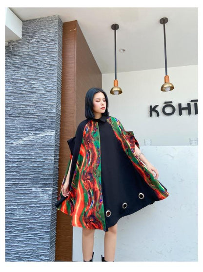 Plus Size Loose Print Cape Short Sleeve Shirt Dress