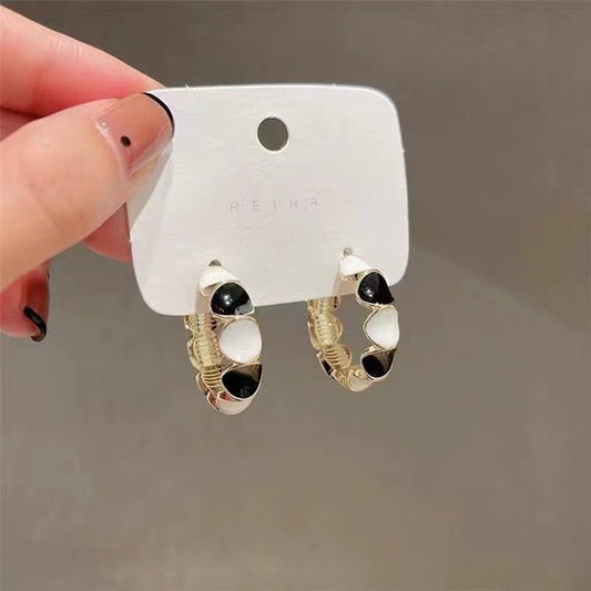 S925 silver needle black and white oil drop ring earrings