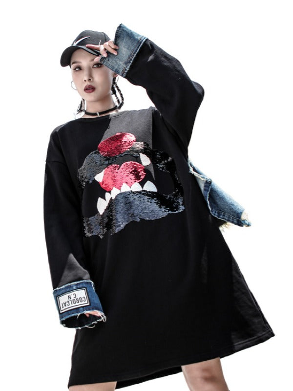 Stylish Loose Jean Cropped Splicing Print Hoodie