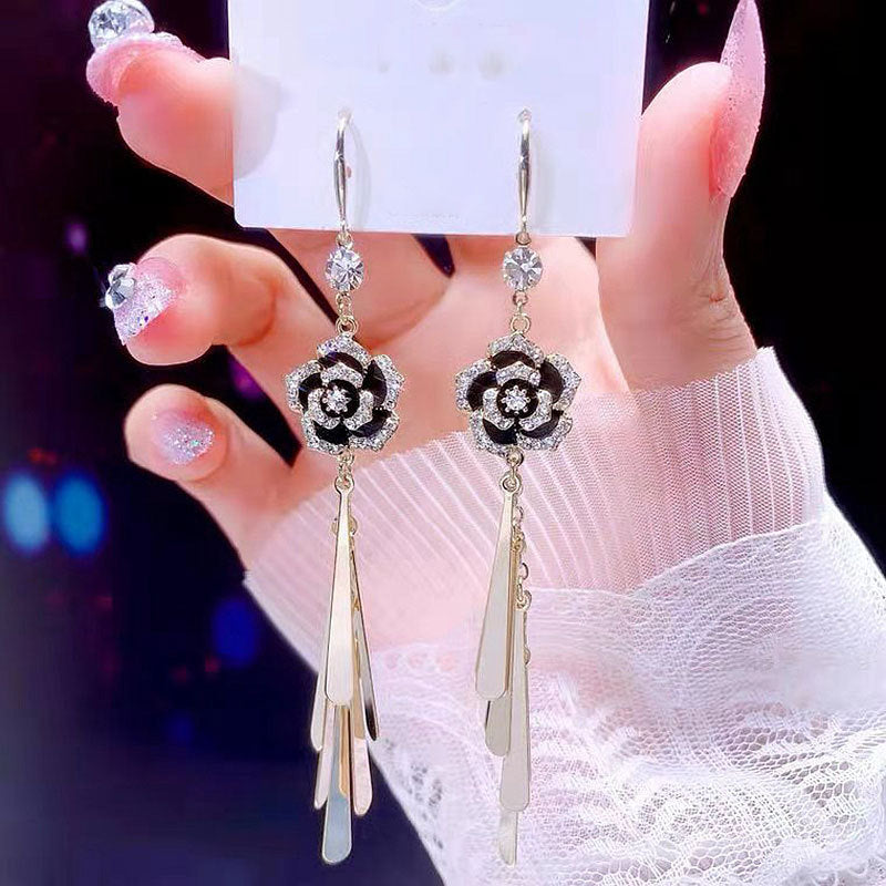 Bowknot geometric tassel long pearl rhinestone earrings