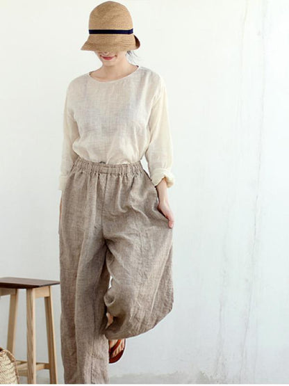 VINTAGE SOLID LINEN ELASTIC WAIST PANTS