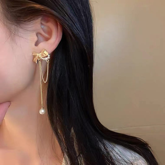 S925 silver needle bow simple long earrings