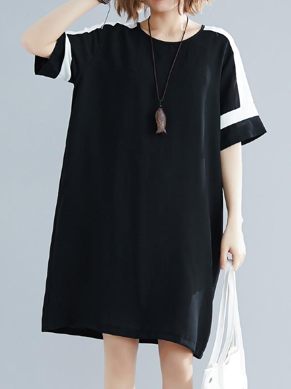 Plus Size Loose Chiffon Contrast Color Midi Dress