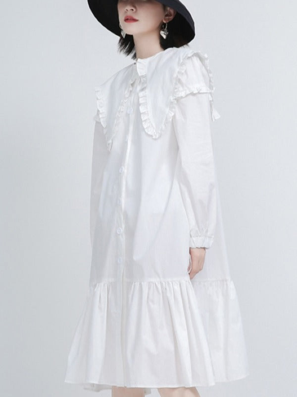 Loose Solid Ruffle Collar Cropped Falbala Dress