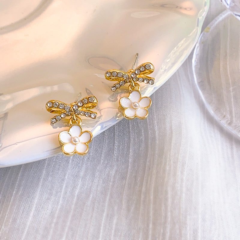 S925 silver pin-set diamond bow flower earrings