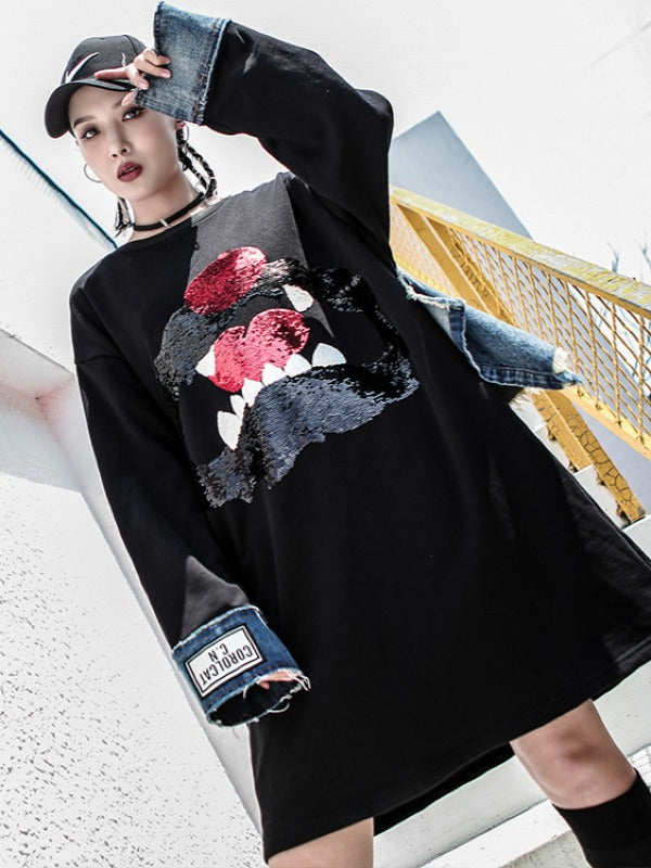 Stylish Loose Jean Cropped Splicing Print Hoodie