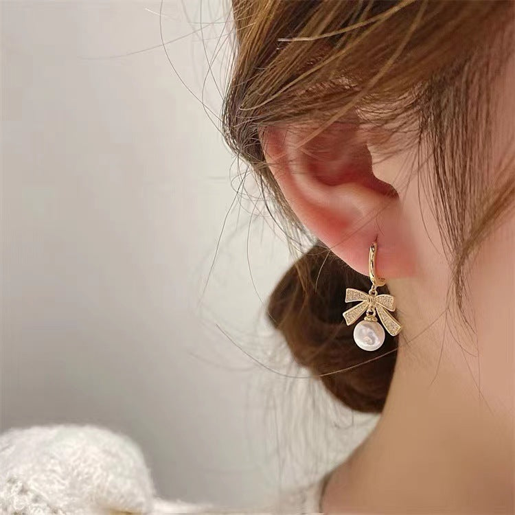 S925 silver needle new simple bow pearl earrings