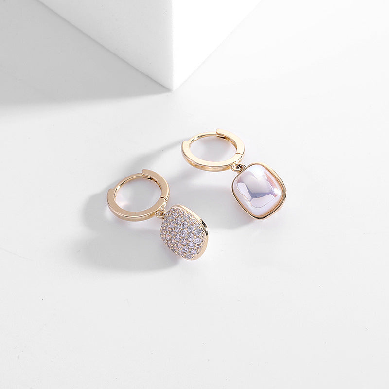 Geometric personality design Pearl zircon double-sided earrings