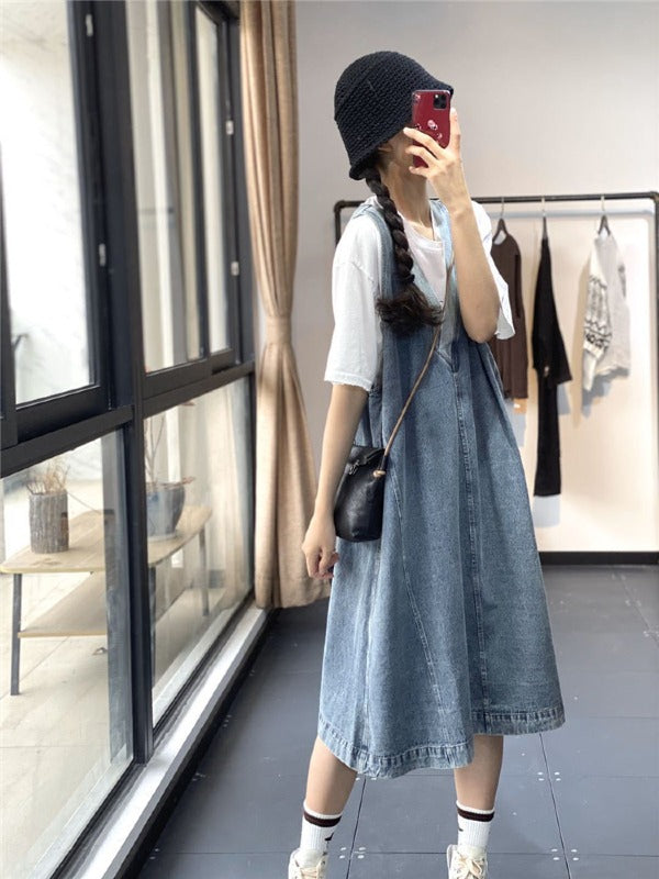 Loose Jean Splicing Contrast Color V-Neck Dress