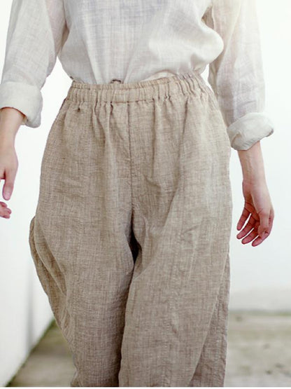VINTAGE SOLID LINEN ELASTIC WAIST PANTS