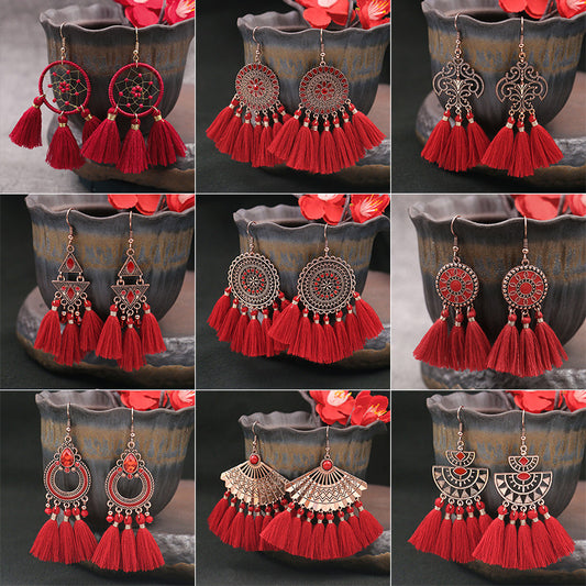 Fringed red earrings