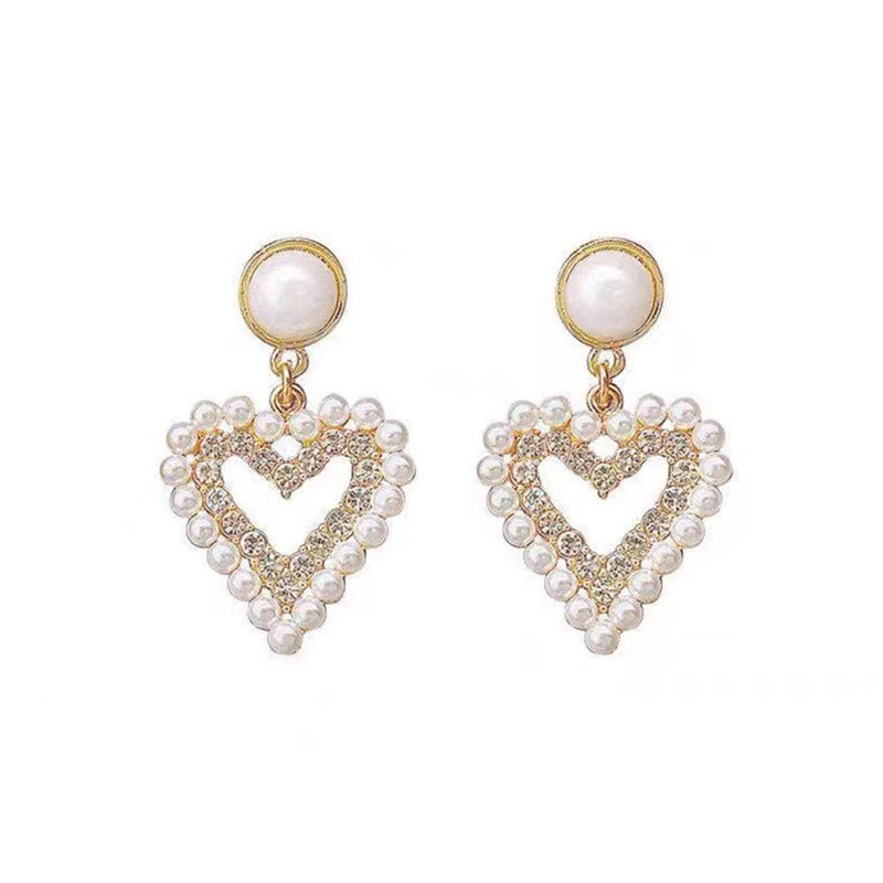 S925 silver needle love pearl red heart earrings
