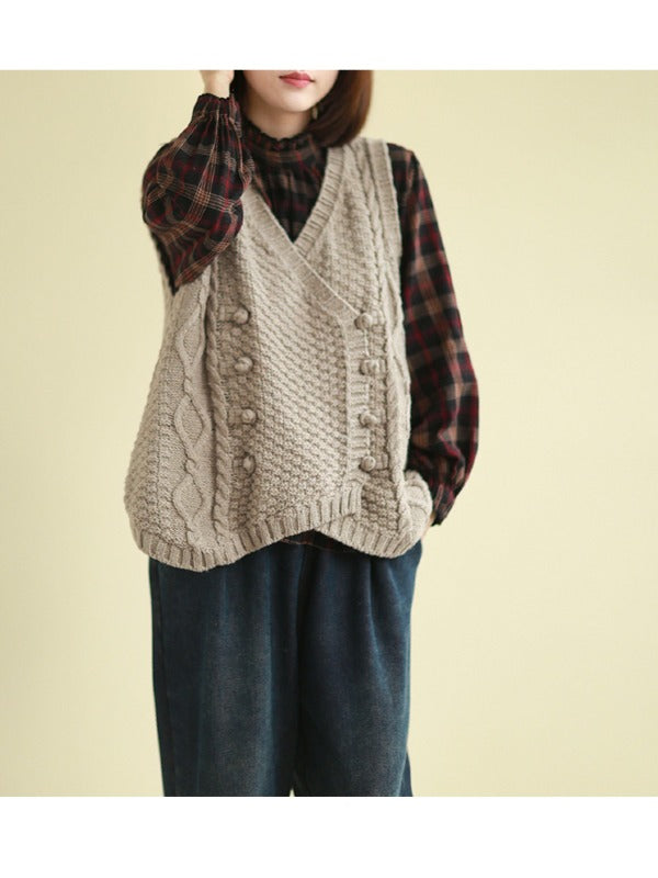 Vintage Loose Button Cropped V-Neck Vest