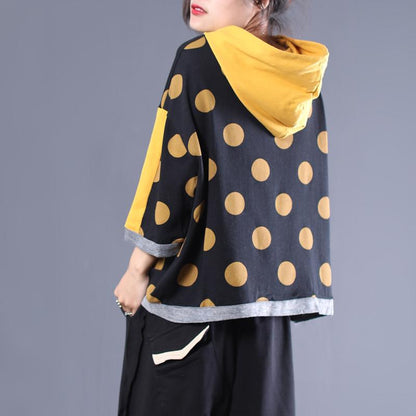 Loose Cotton Dot Hooded Print Blouse
