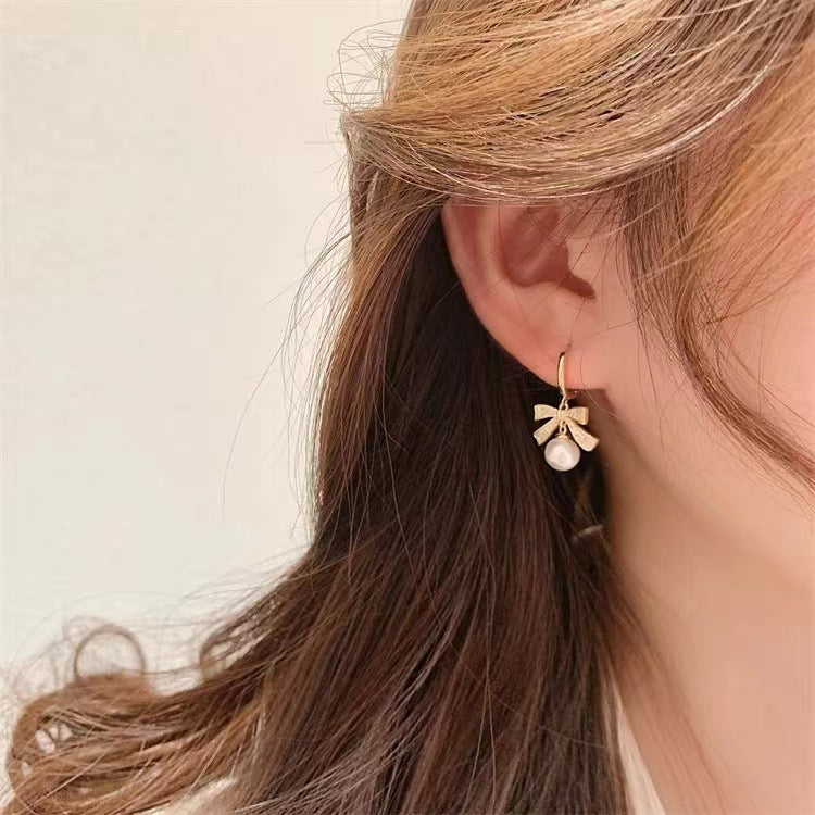S925 silver needle new simple bow pearl earrings
