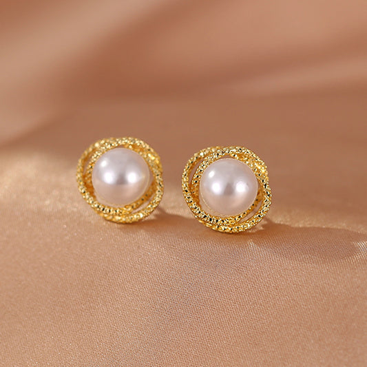 S925 silver needle spiral fashion diamond-encrusted pearl earrings