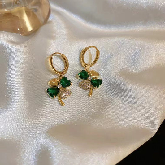 Lucky four-leaf green crystal earrings