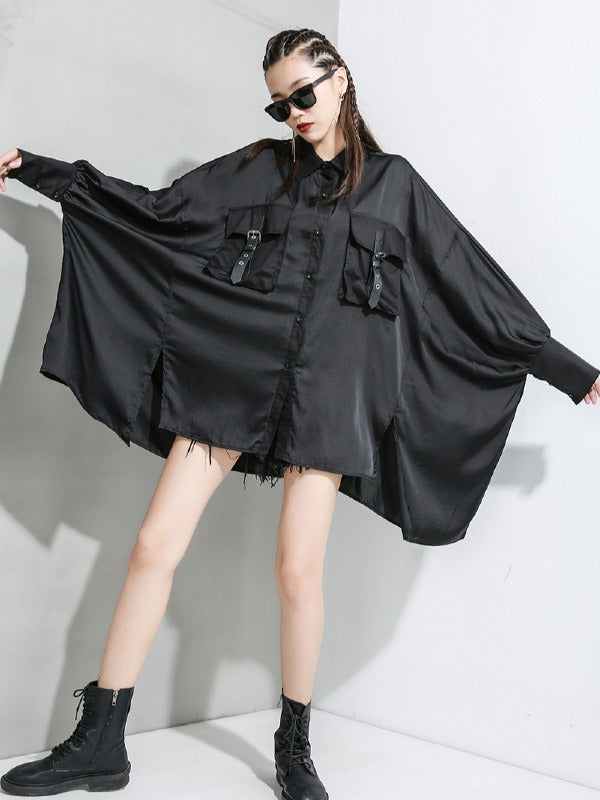Black Loose Cropped Bat Sleeve Shirt