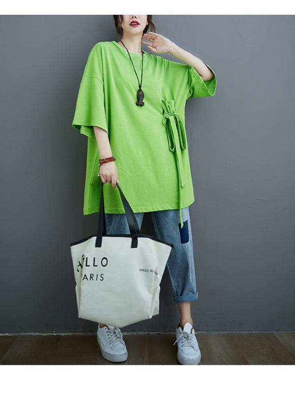 Loose Solid Color Bow-Embellished Half-Sleeve T-Shirt