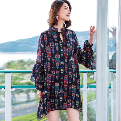 Ruffles Printing Lacing Loose Long Sleeve Mini Dress