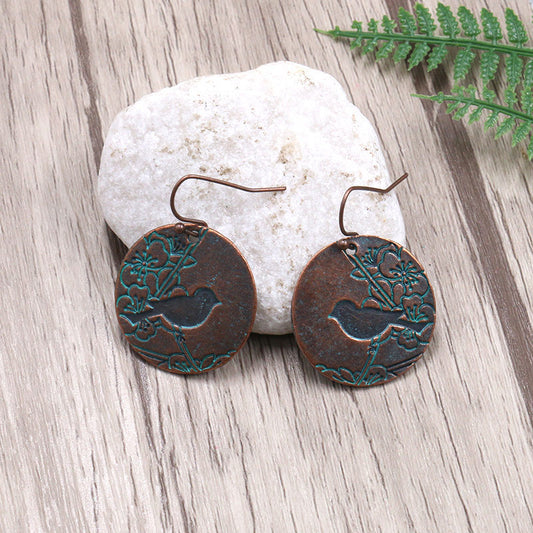 Vintage geometric round cub bird magpie pendant earrings