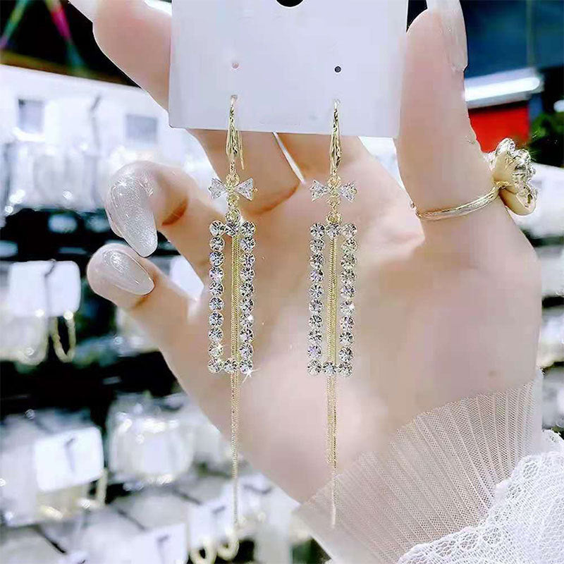 Bowknot geometric tassel long pearl rhinestone earrings