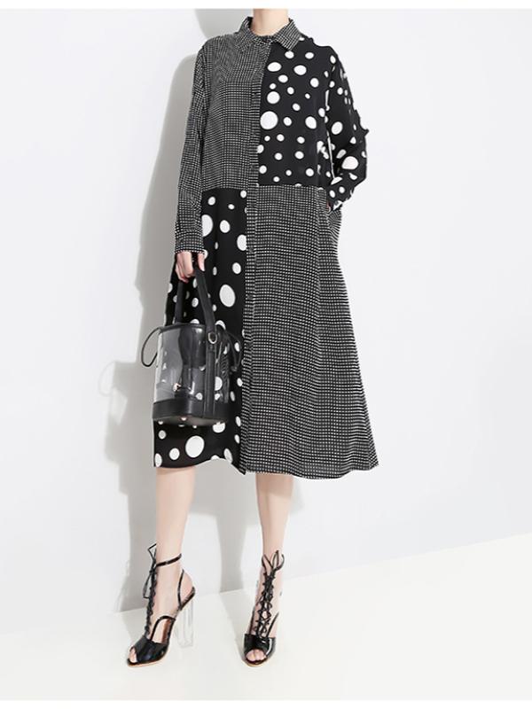POLKA-DOT SPLIT-JOINT PLAID SHIRT DRESS