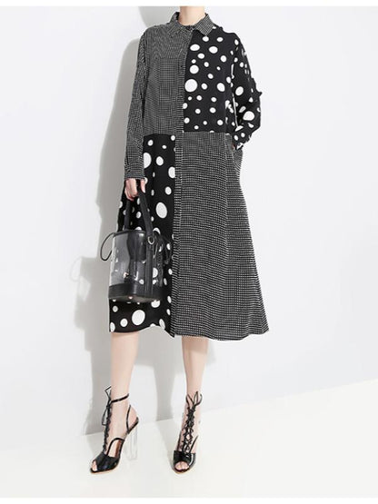 POLKA-DOT SPLIT-JOINT PLAID SHIRT DRESS