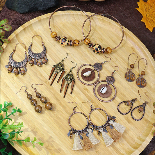 National Geometric Round Wooden Bead Earrings