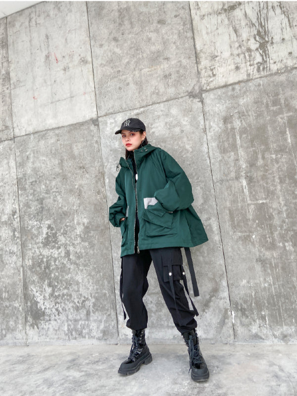 Stylish Loose Large Pocket Zipper Hood Outwear