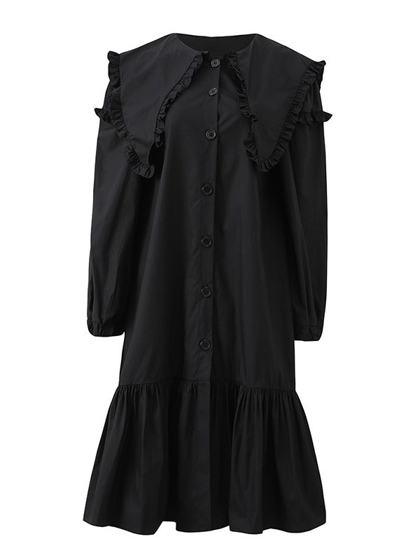 Loose Solid Ruffle Collar Cropped Falbala Dress