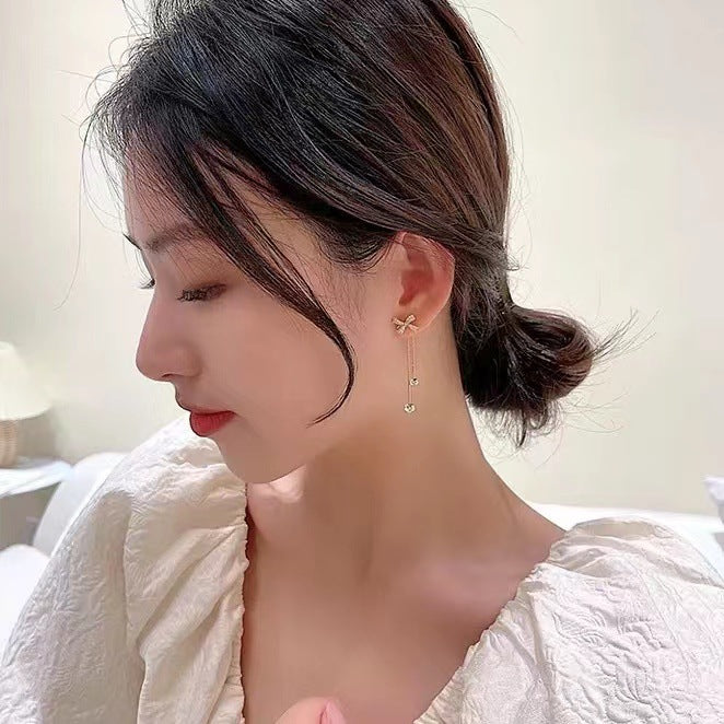 Fashion diamond bow tassel S925 silver needle earrings