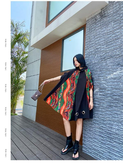 Plus Size Loose Print Cape Short Sleeve Shirt Dress