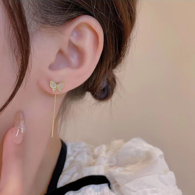 S925 silver pin-set butterfly tassel earrings