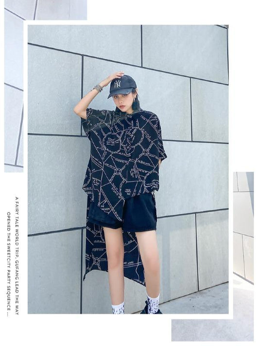 Printed High-Low Lapel Blouse