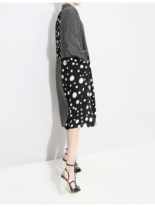 POLKA-DOT SPLIT-JOINT PLAID SHIRT DRESS