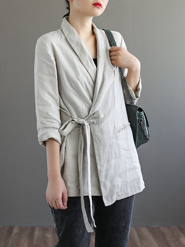 Loose Ethnic Style Solid Lace-Up Cropped Suit Outwear