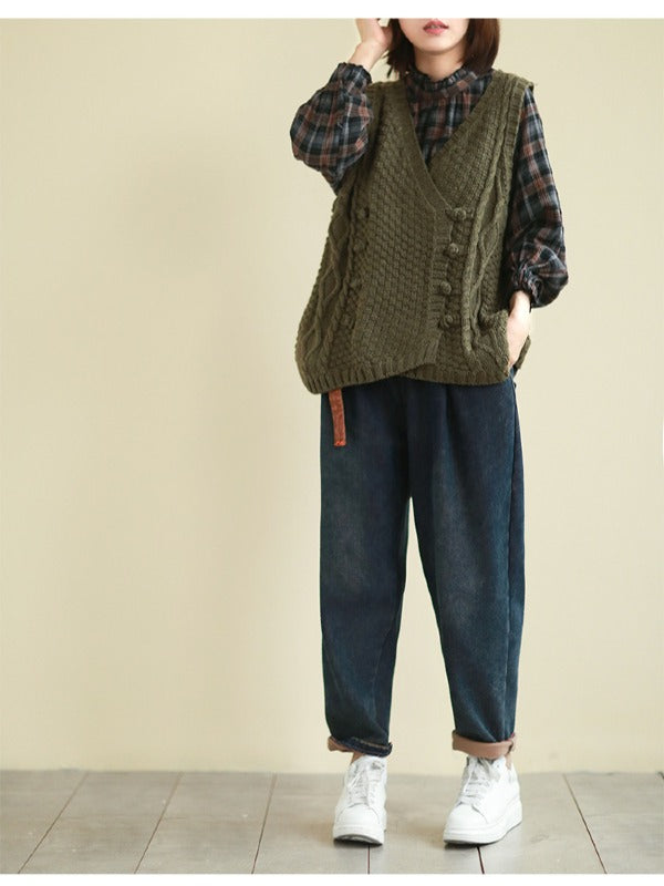 Vintage Loose Button Cropped V-Neck Vest