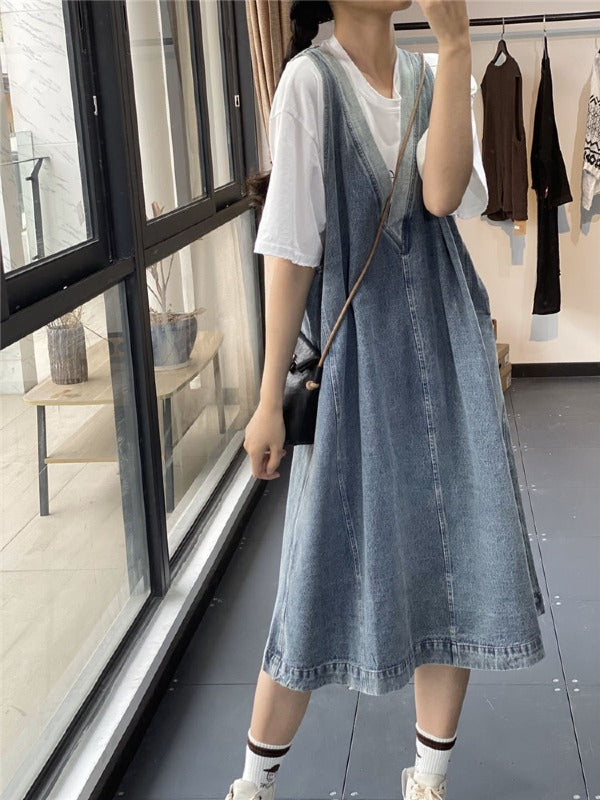 Loose Jean Splicing Contrast Color V-Neck Dress