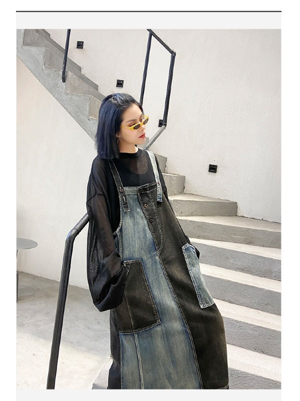 Contrast Color Splicing Sleeveless Jean Dress
