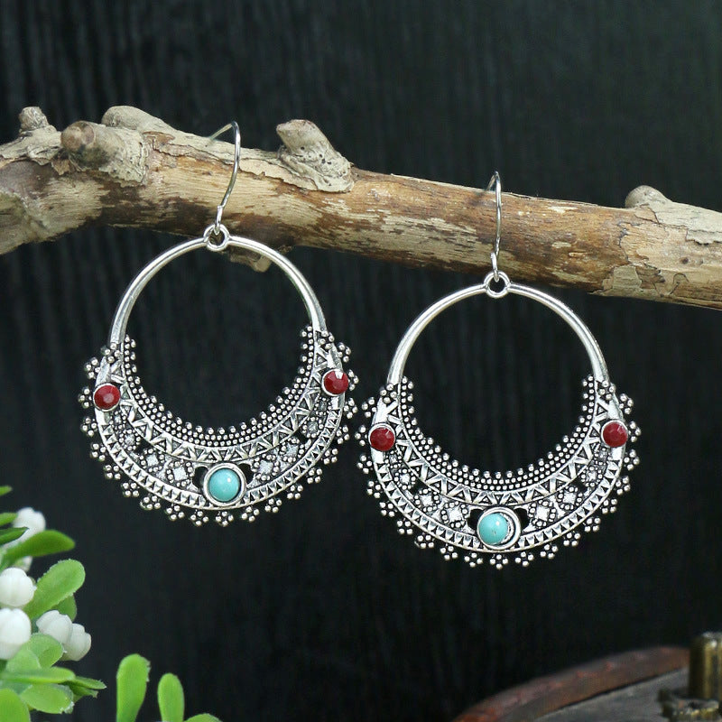 Silver geometric metal turquoise earrings