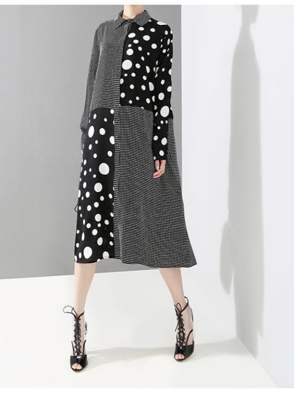 POLKA-DOT SPLIT-JOINT PLAID SHIRT DRESS