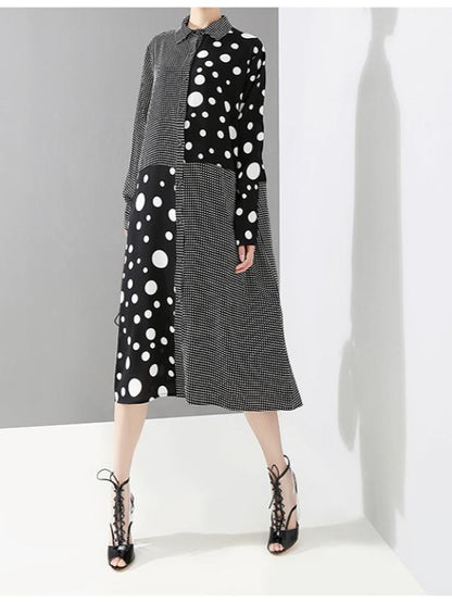 POLKA-DOT SPLIT-JOINT PLAID SHIRT DRESS
