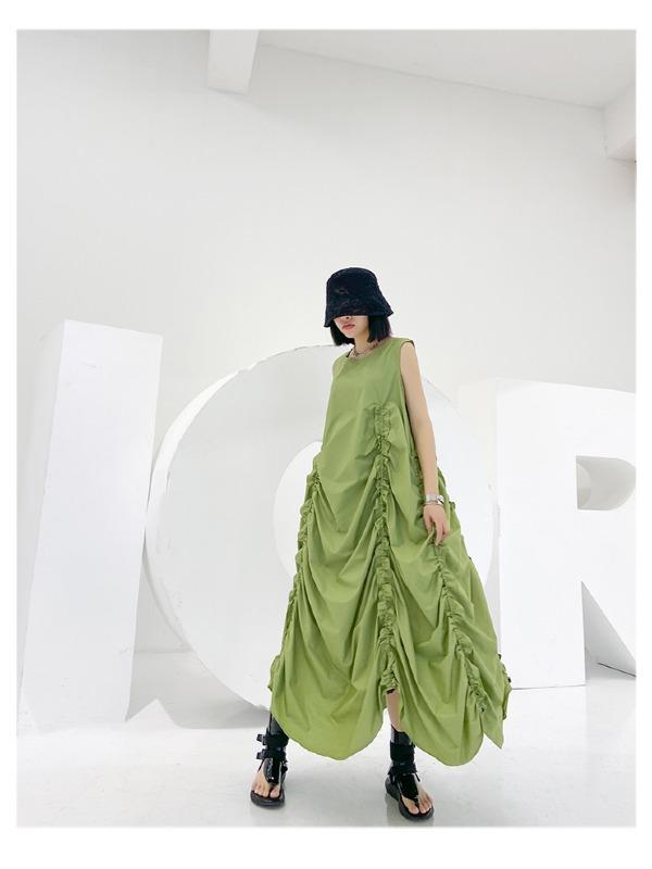 Sleeveless Pleated A-Line Solid Maxi Dress